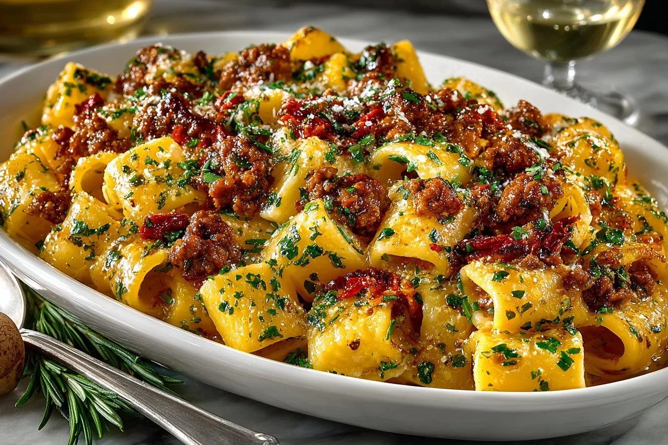 One-Pot Creamy Beef Pasta served in a bowl, garnished with herbs