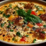 One pot creamy Italian ground chicken soup in a bowl, garnished with herbs.