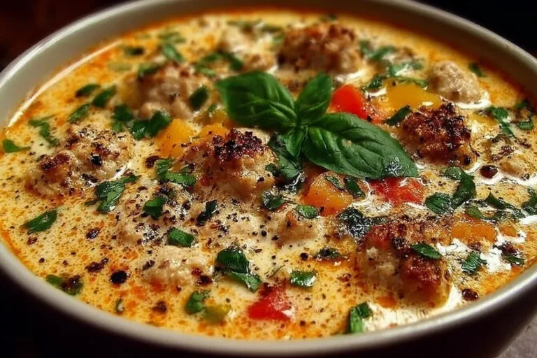 One pot creamy Italian ground chicken soup in a bowl, garnished with herbs.