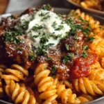 One pot creamy tomato beef pasta with herbs and cheese