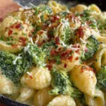 A bowl of One Pot Healthy Broccoli Mac and Cheese topped with fresh broccoli florets.