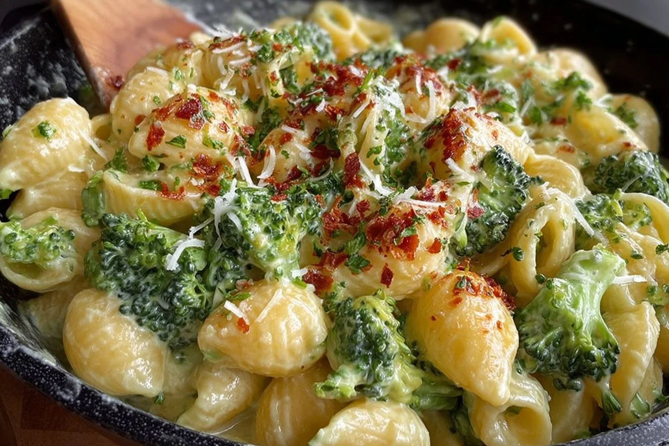 A bowl of One Pot Healthy Broccoli Mac and Cheese topped with fresh broccoli florets.