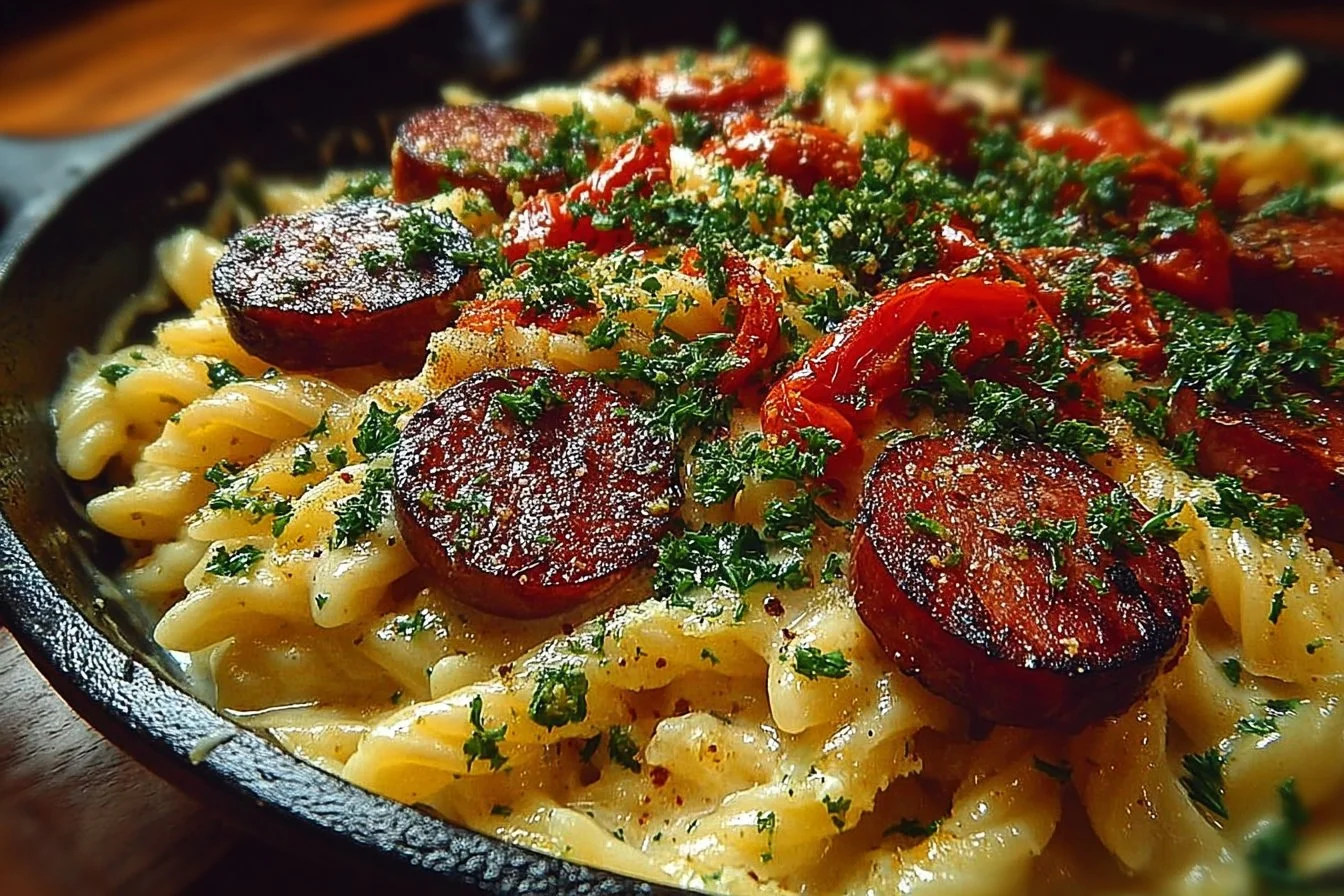 Delicious bowl of One Pot Kielbasa Pasta ready to serve.