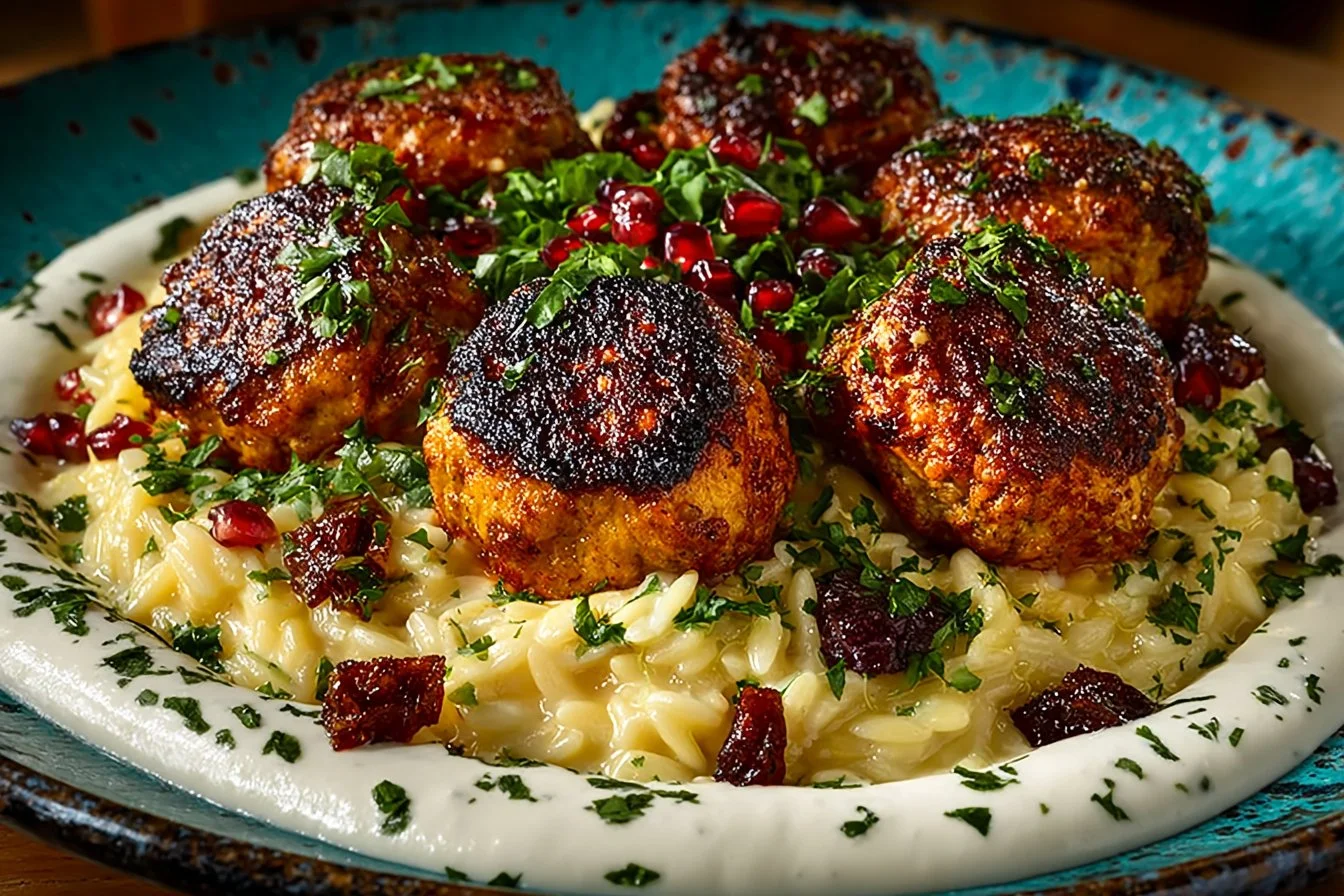 One Skillet Greek Meatballs and Lemon Butter Orzo with Whipped Feta