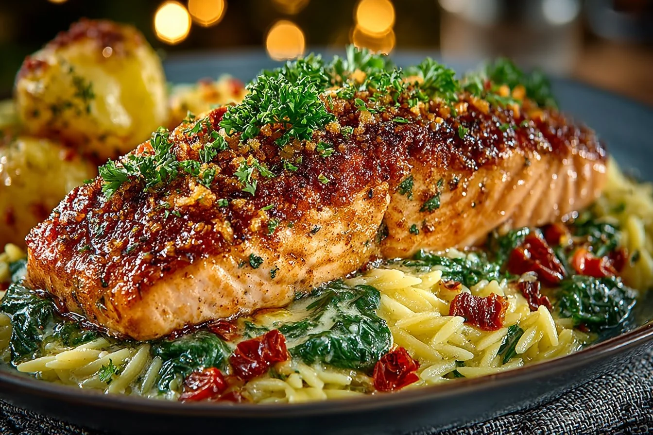 One skillet salmon served with lemon orzo in a vibrant dish