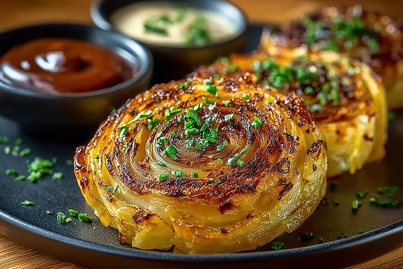 Oven roasted garlic cabbage steaks on a serving plate