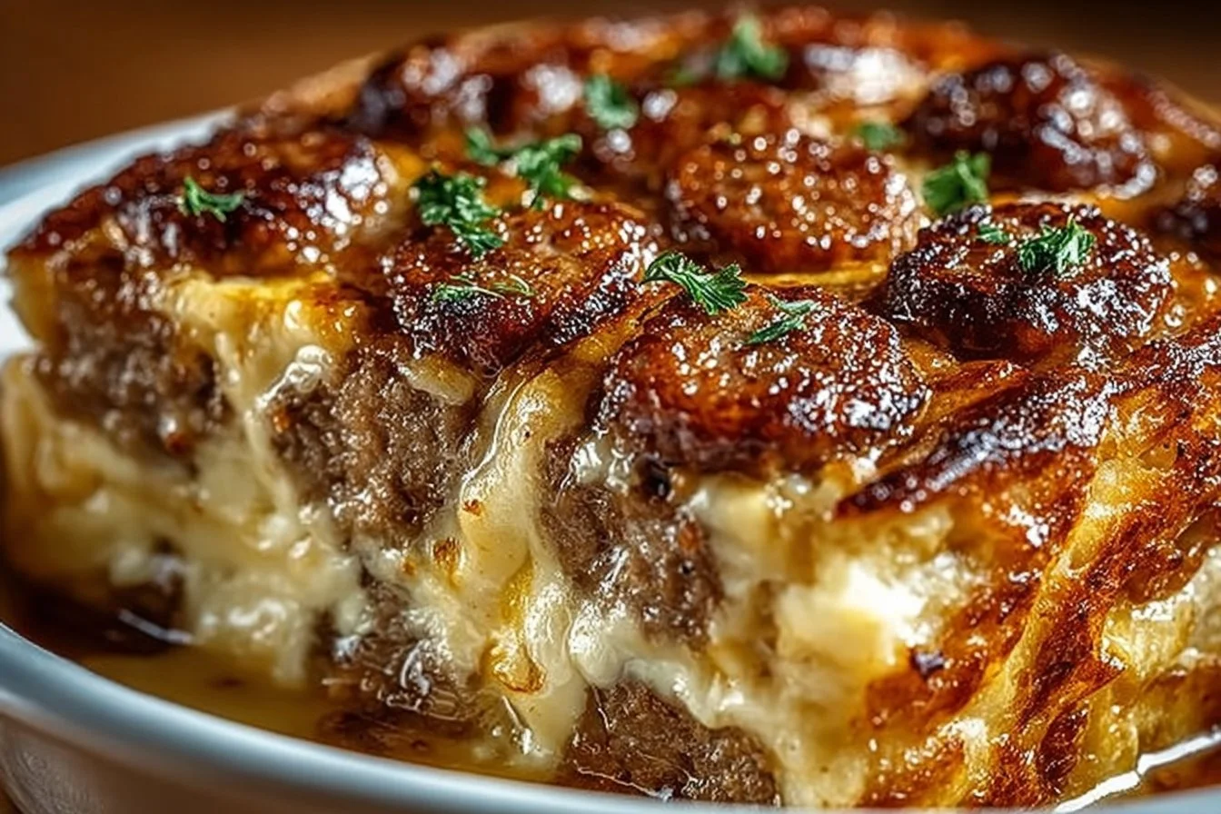 Delicious pancake sausage casserole baked dish with maple syrup