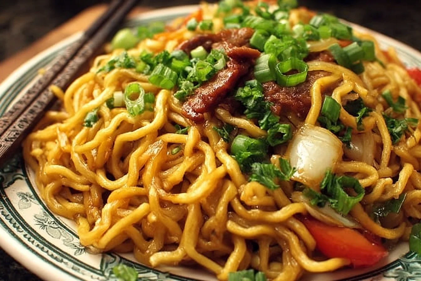 Plate of Panda Express fried noodles garnished with vegetables
