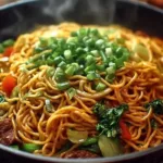 Delicious plate of Panda Express fried noodles with colorful vegetables