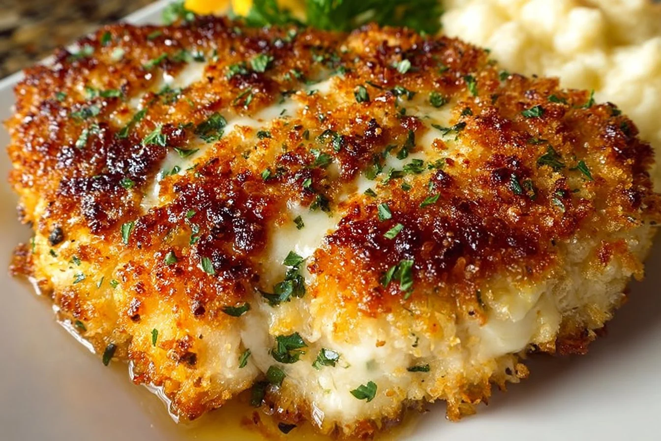 Parmesan Crusted Chicken with herbs and spices on a plate