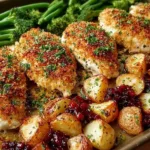 Parmesan crusted chicken on a sheet pan with vegetables