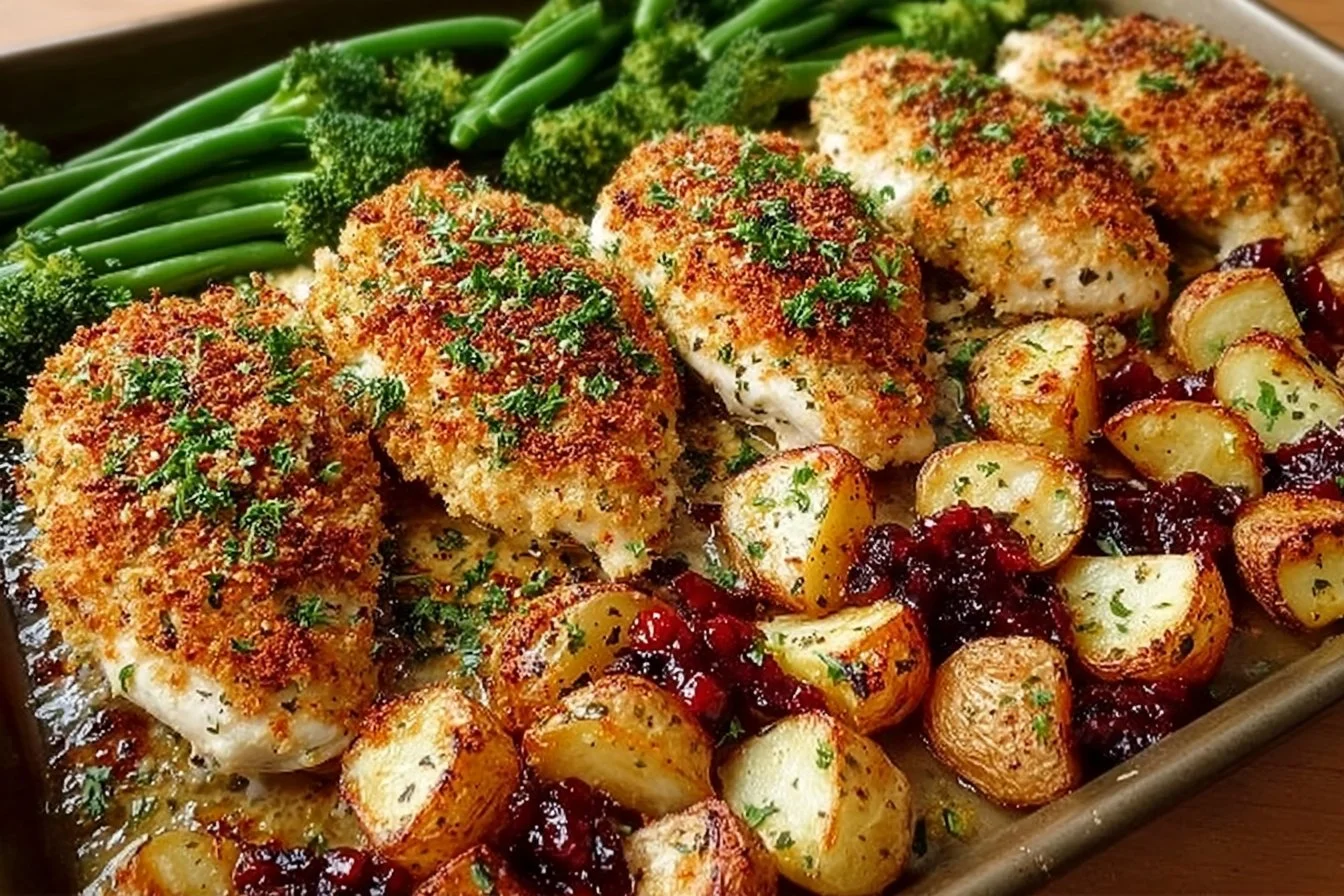Parmesan crusted chicken on a sheet pan with vegetables