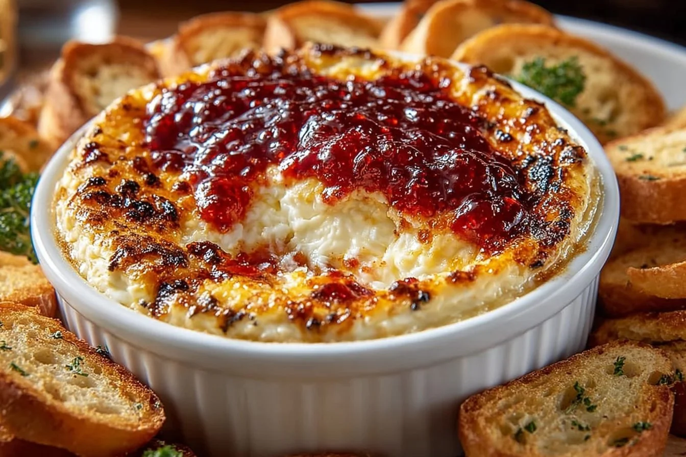 Creamy Pepper Jelly Cheese Dip served with crackers