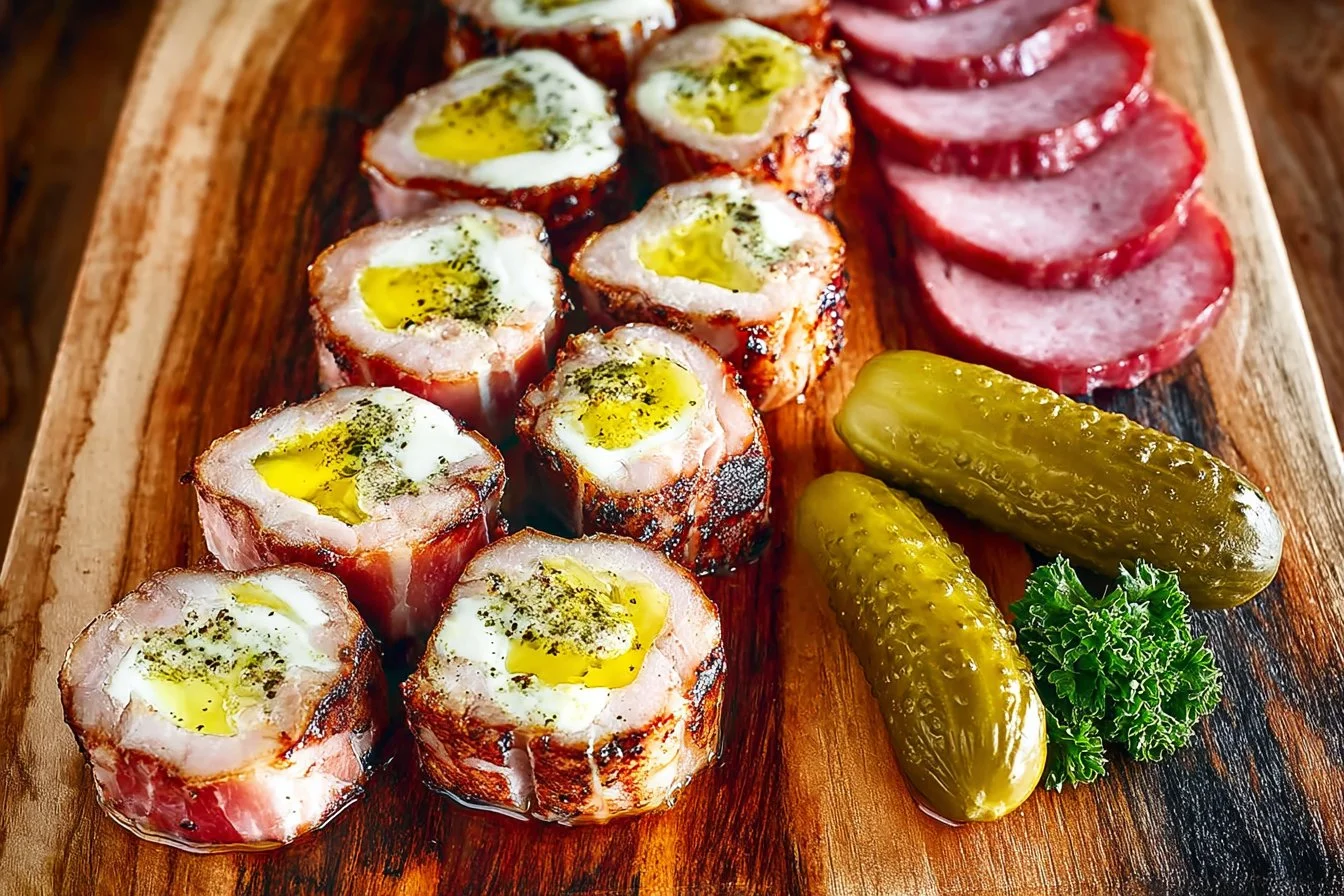 Delicious homemade Pickle Roll Ups with cream cheese and dill on a platter