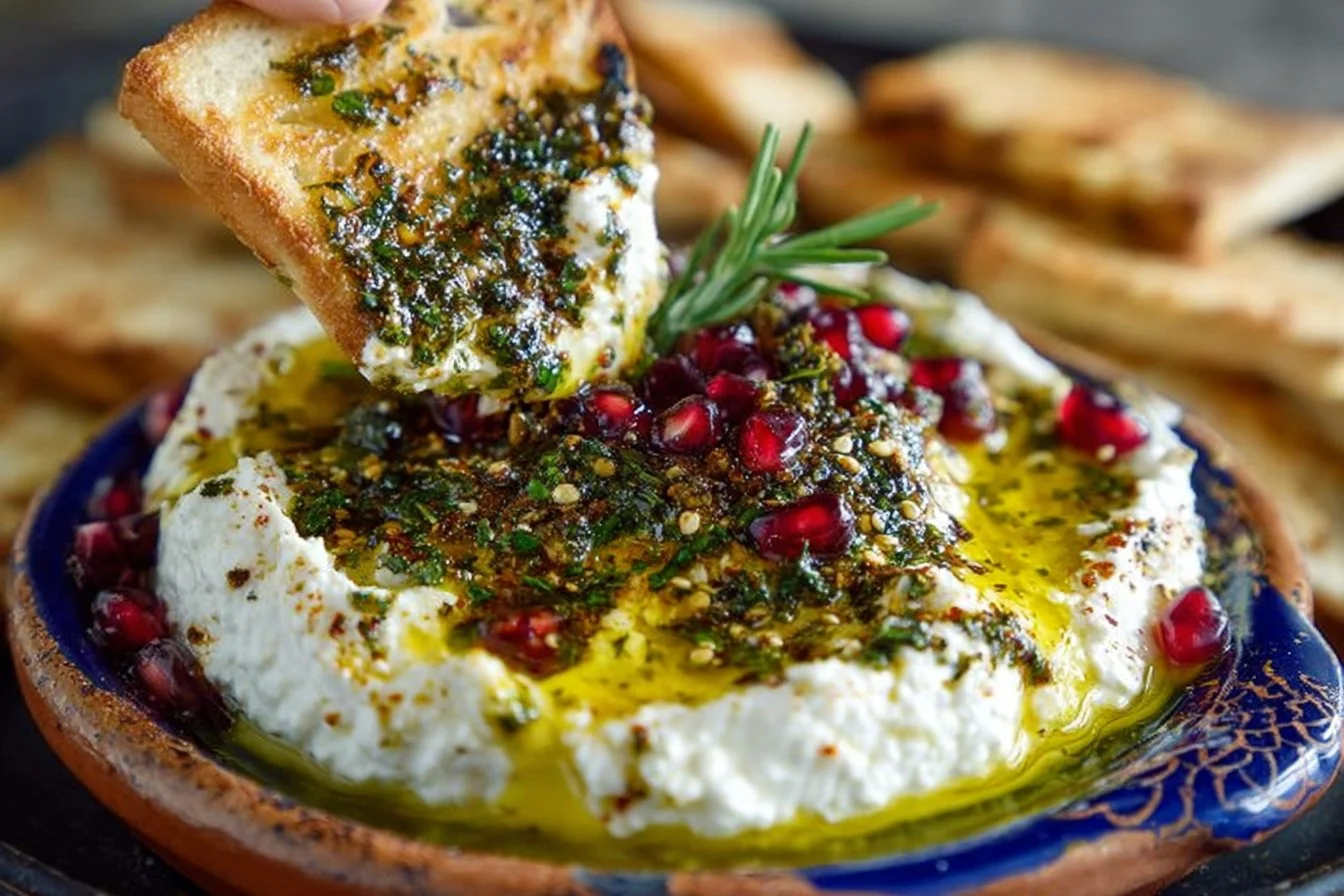 Homemade Labneh served with herbs and olive oil, perfect for Mediterranean dishes.