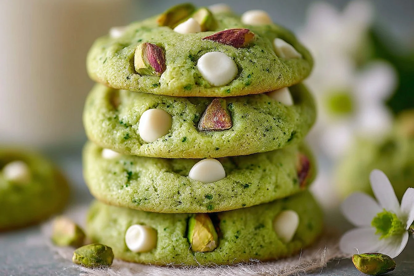 Delicious pistachio pudding cookies with a green tint and nuts on top.
