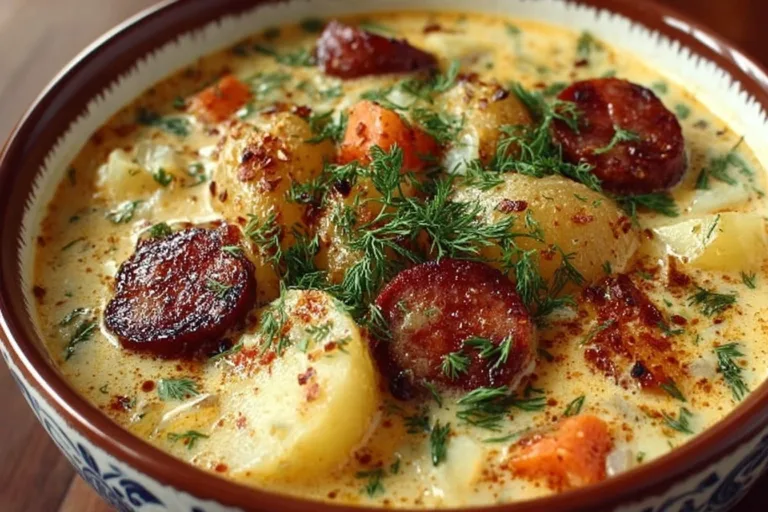 Bowl of creamy Polish Potato Soup (Kartoflanka) with herbs and spices.