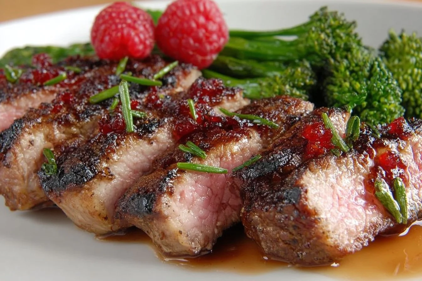 Juicy pork chops served with a vibrant raspberry sauce on a white plate