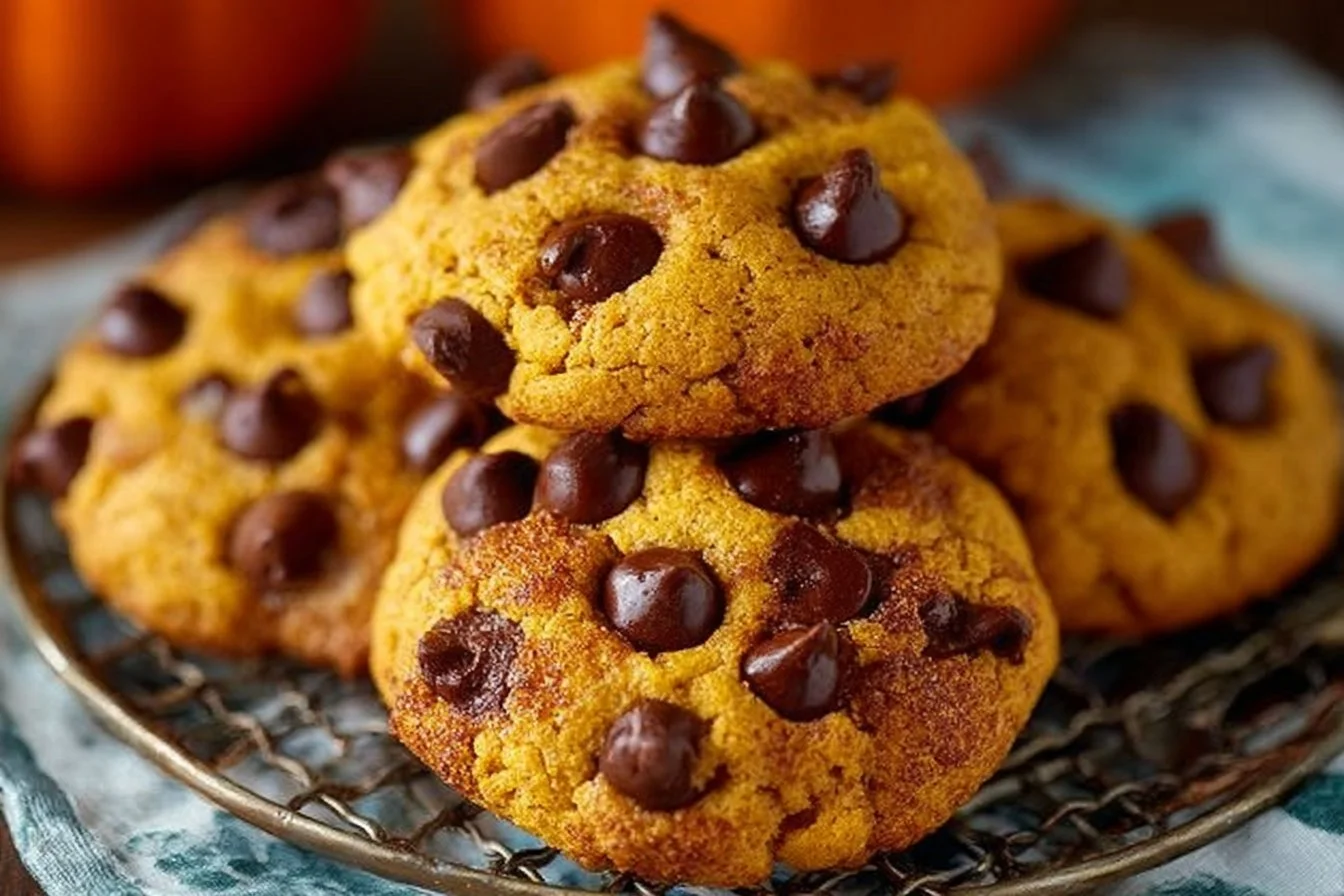 Freshly baked Pumpkin Chocolate Chip Cookies on a cooling rack.
