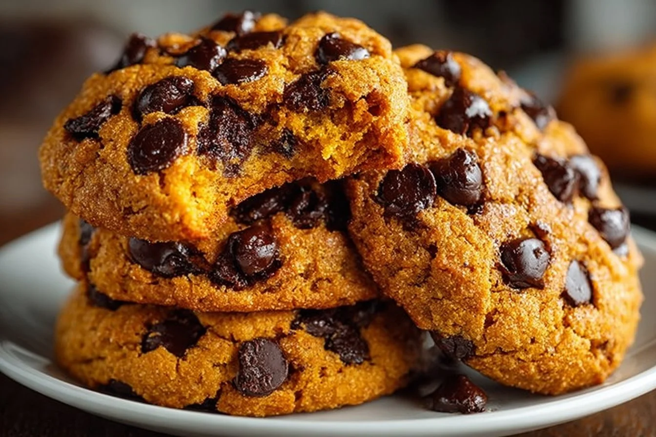 Delicious pumpkin chocolate chip cookies stacked on a plate