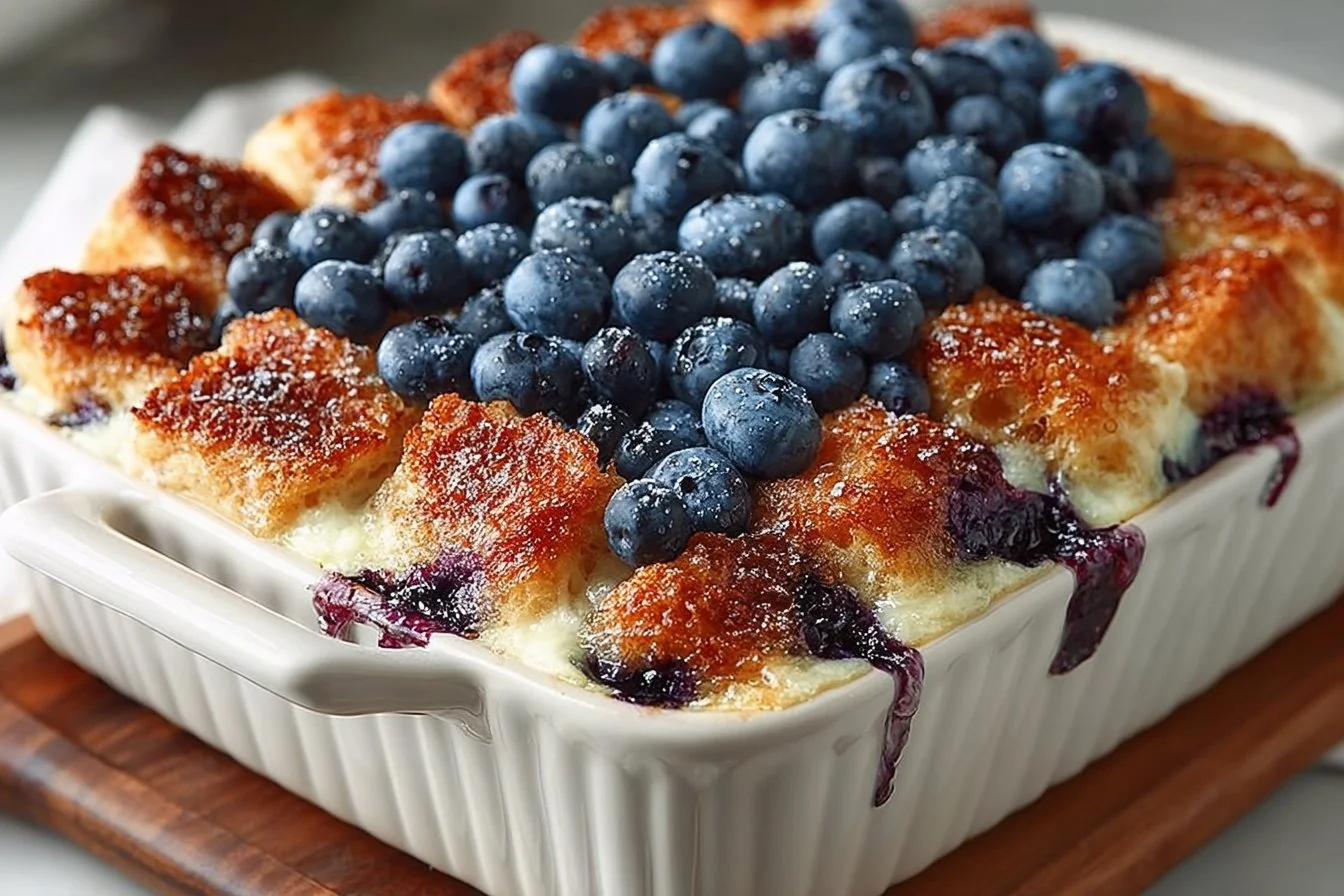 Delicious blueberry French toast casserole served with syrup and blueberries.