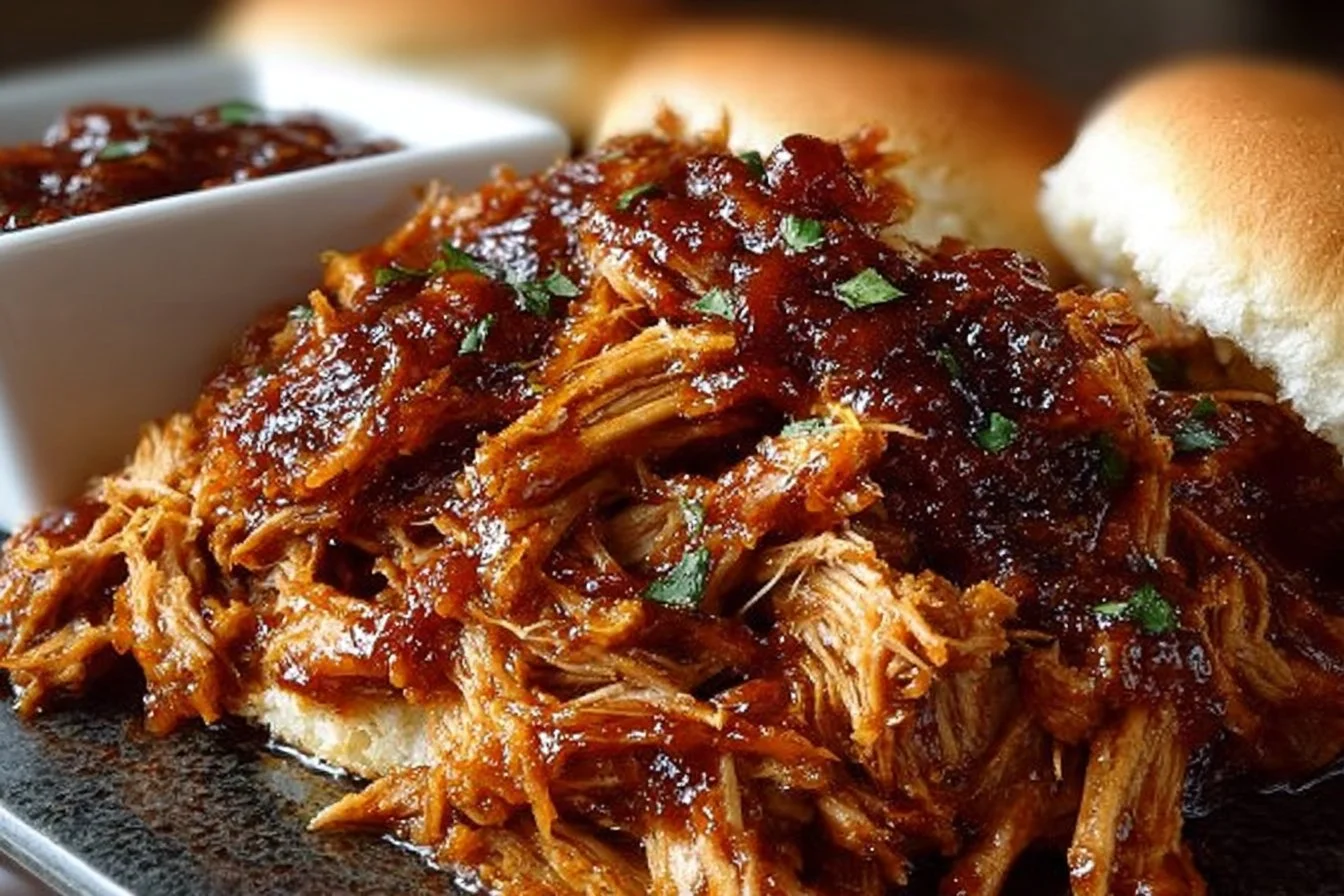 Delicious Crock Pot BBQ pulled pork served with coleslaw and buns.
