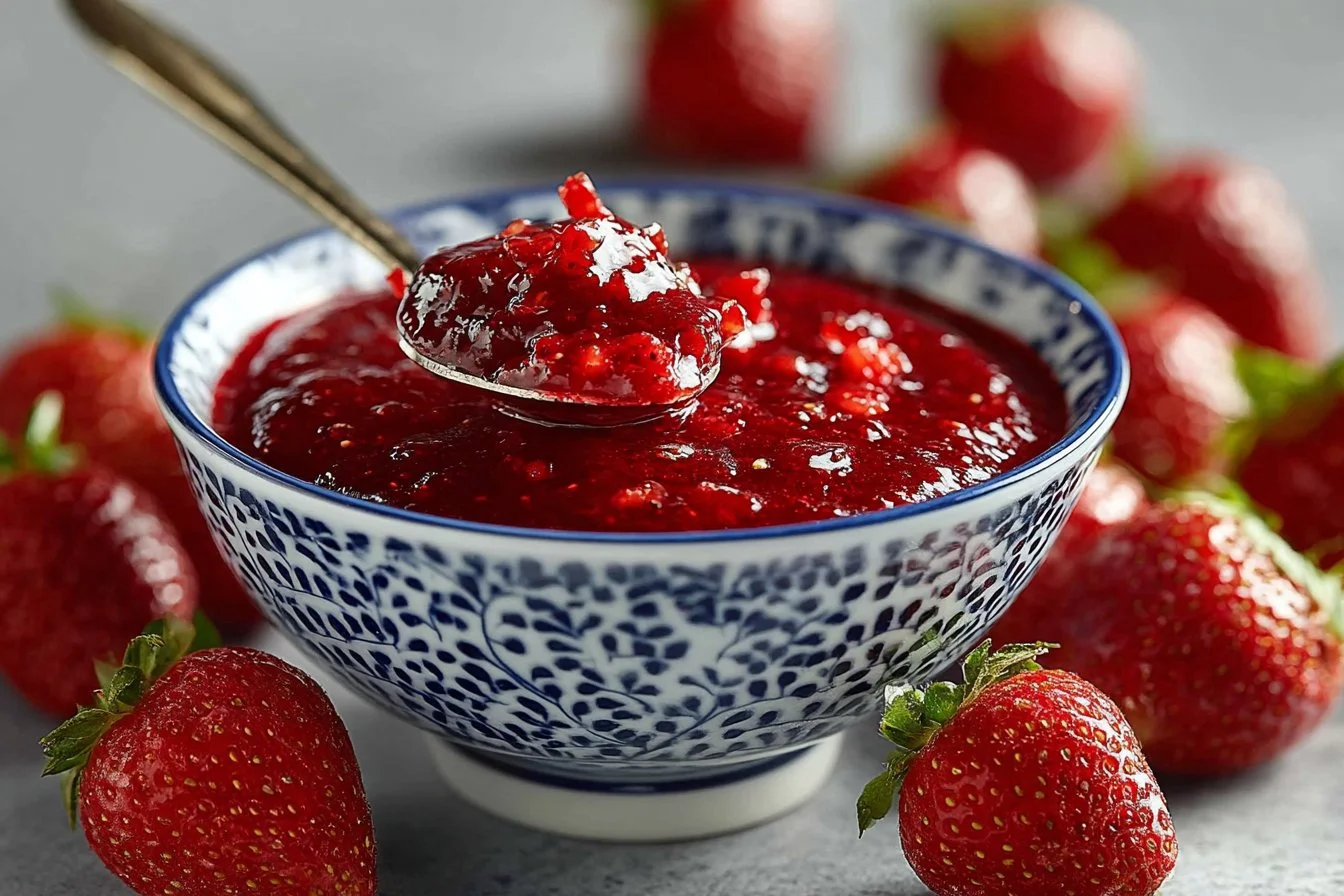 Fresh strawberry sauce prepared with ripe strawberries in a bowl