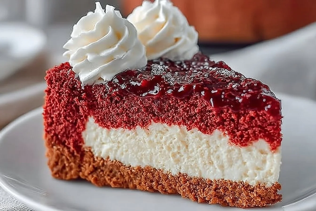 Delicious slice of Red Velvet Cheesecake topped with cream cheese frosting