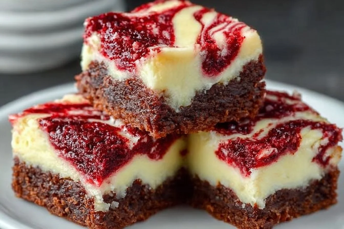 Red Velvet Cheesecake Brownies topped with cream cheese frosting