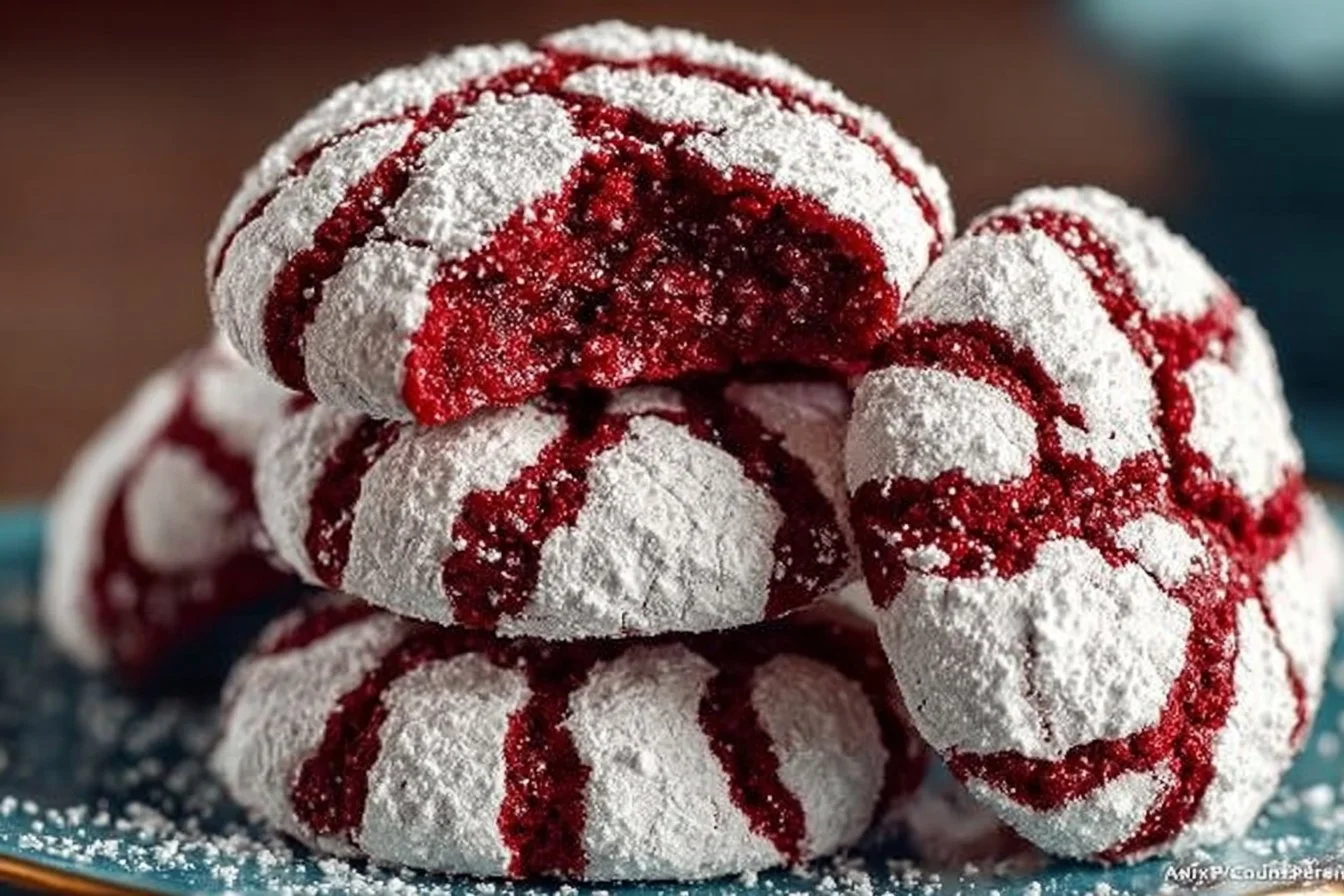 Freshly baked red velvet crinkle cookies on a cooling rack.