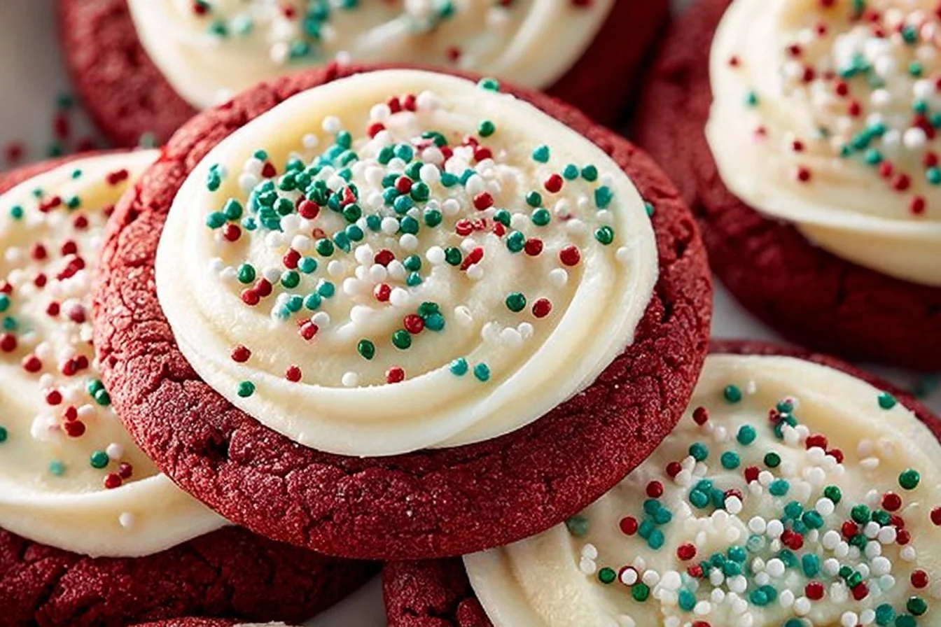 Delicious red velvet sugar cookies on a plate with sprinkles