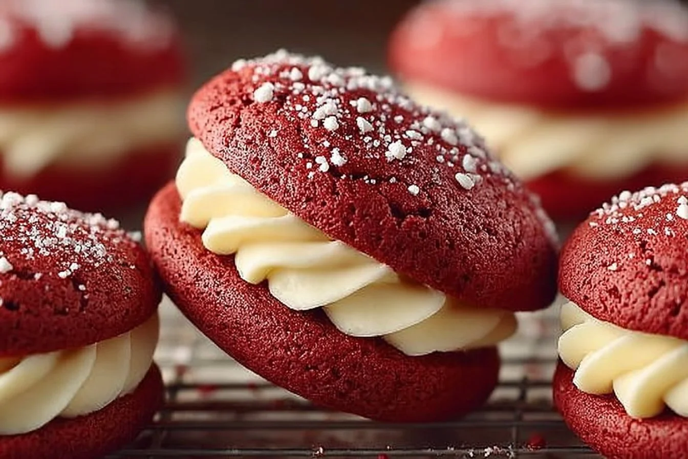 Delicious red velvet whoopie pies with cream filling on a decorative plate
