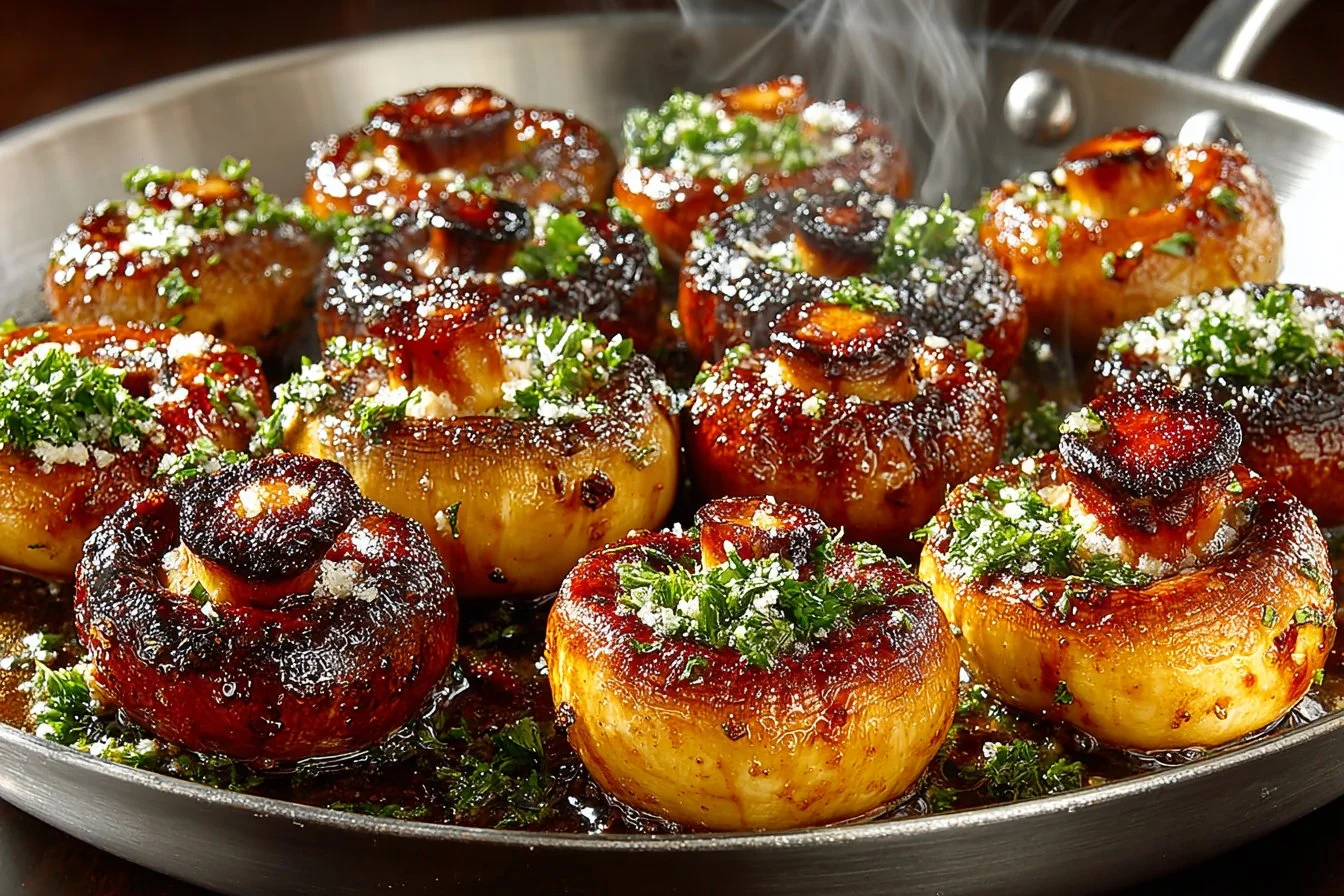 Rich red wine mushroom sauce drizzled over a juicy steak