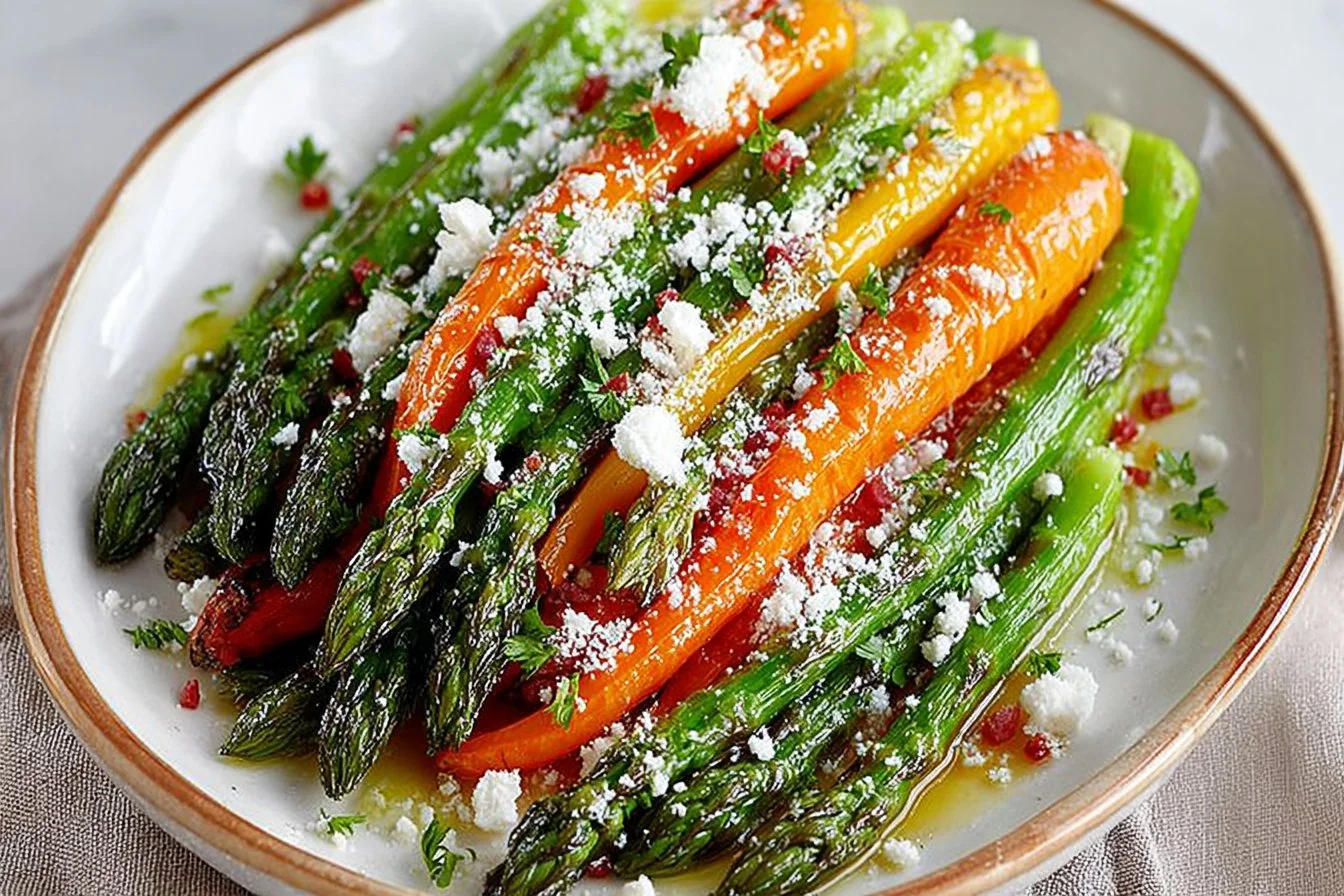Plate of roasted asparagus and carrots garnished with herbs