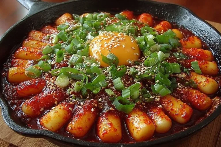 Delicious Rose Tteokbokki topped with creamy sauce and vibrant ingredients