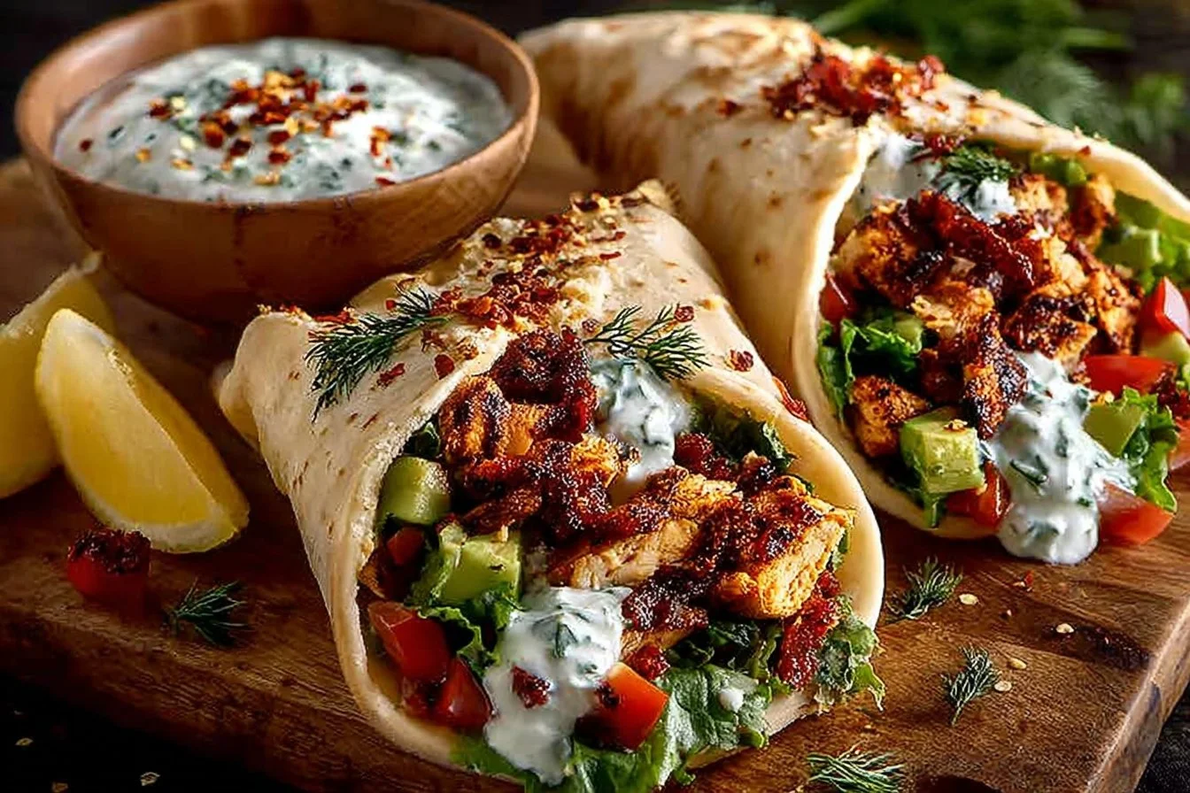 Rosemary Chicken and Avocado Bacon Pitas with Honey Feta Sauce