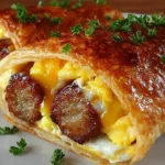 Sausage egg breakfast roll-ups served with fresh herbs on a plate.