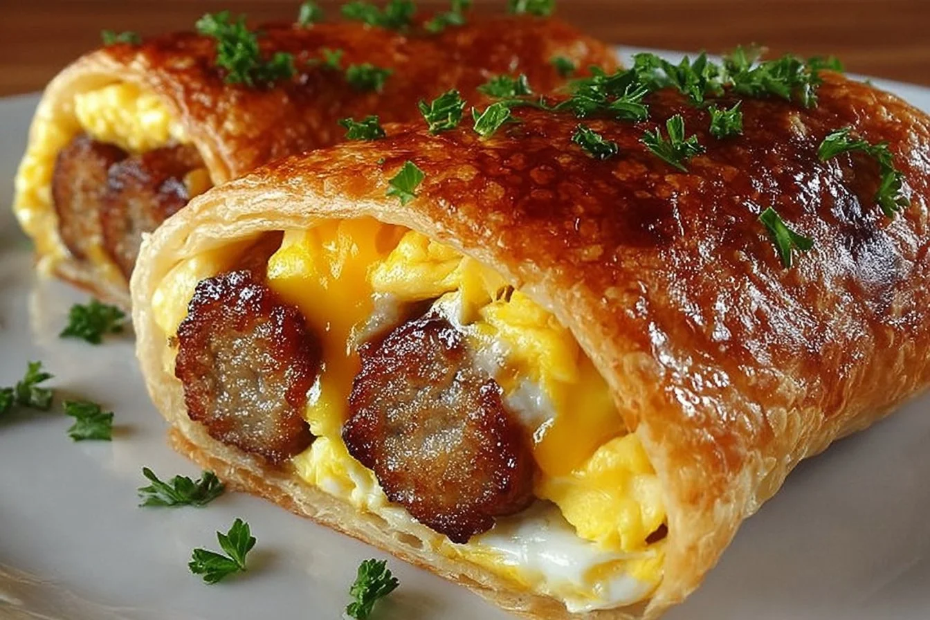 Sausage egg breakfast roll-ups served with fresh herbs on a plate.