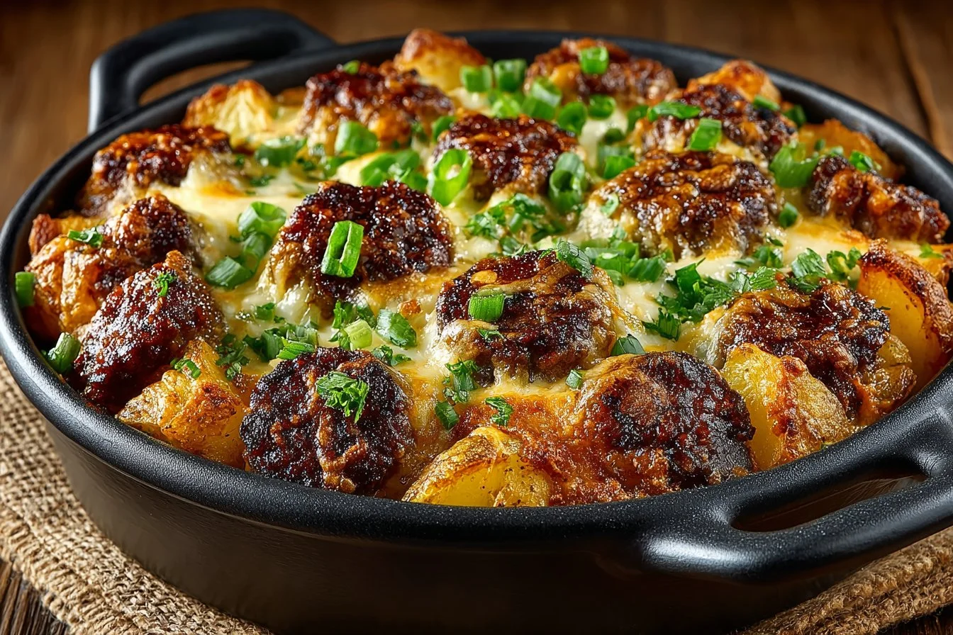 Sausage egg potato breakfast casserole baked in a dish