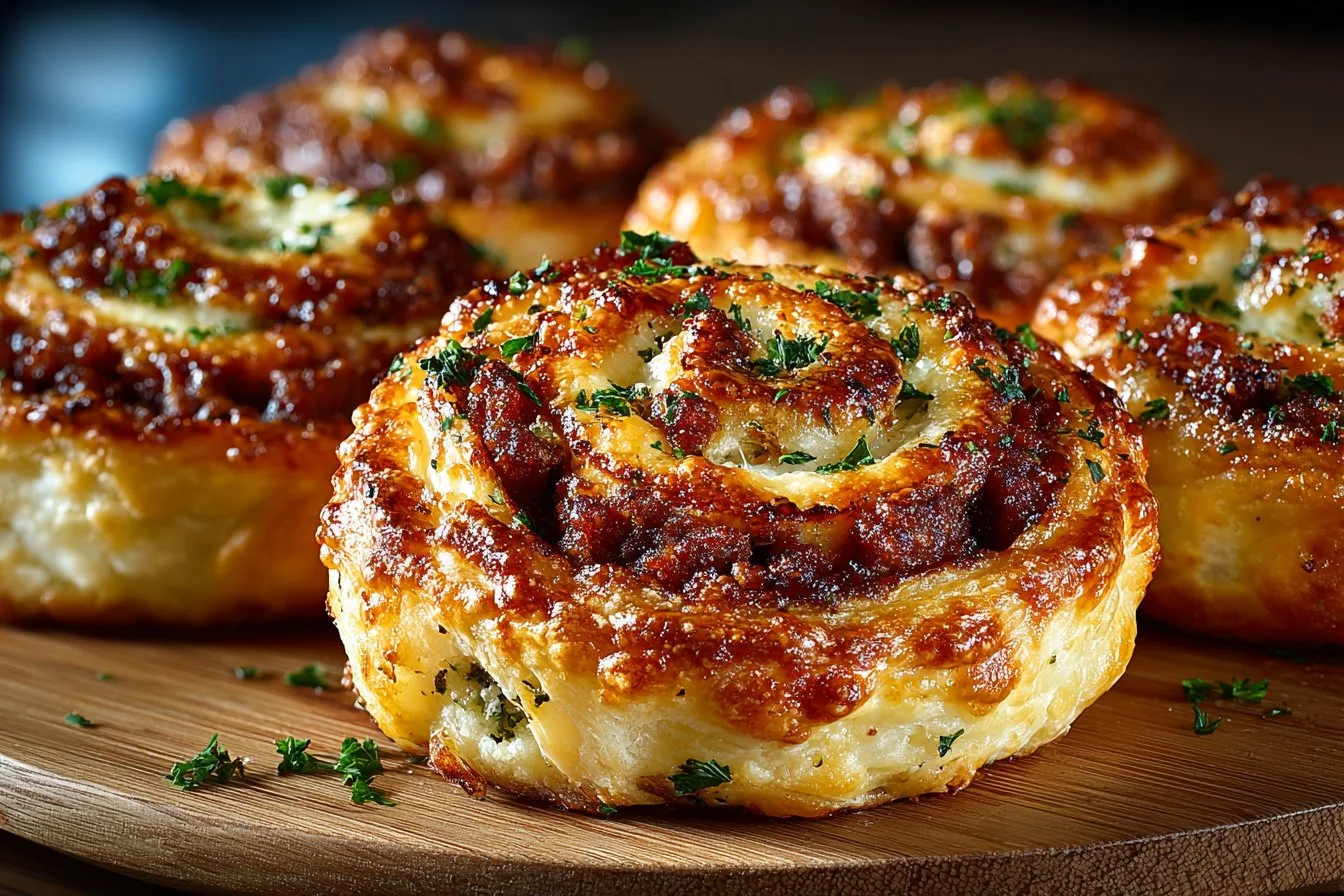 Savory sausage pinwheels on a platter, ideal for appetizers and snacks
