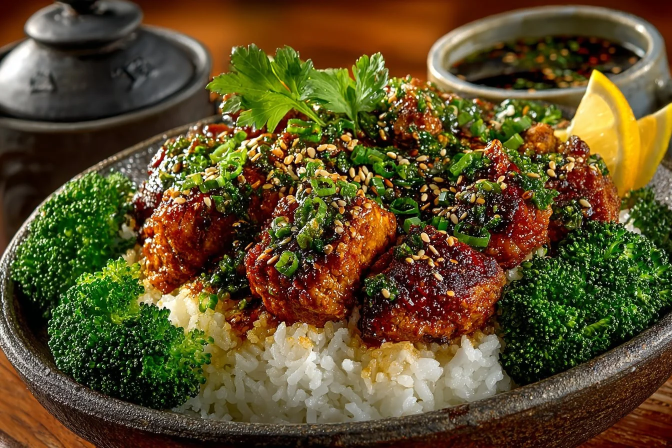 Delicious homemade Sesame Chicken served with rice and vegetables