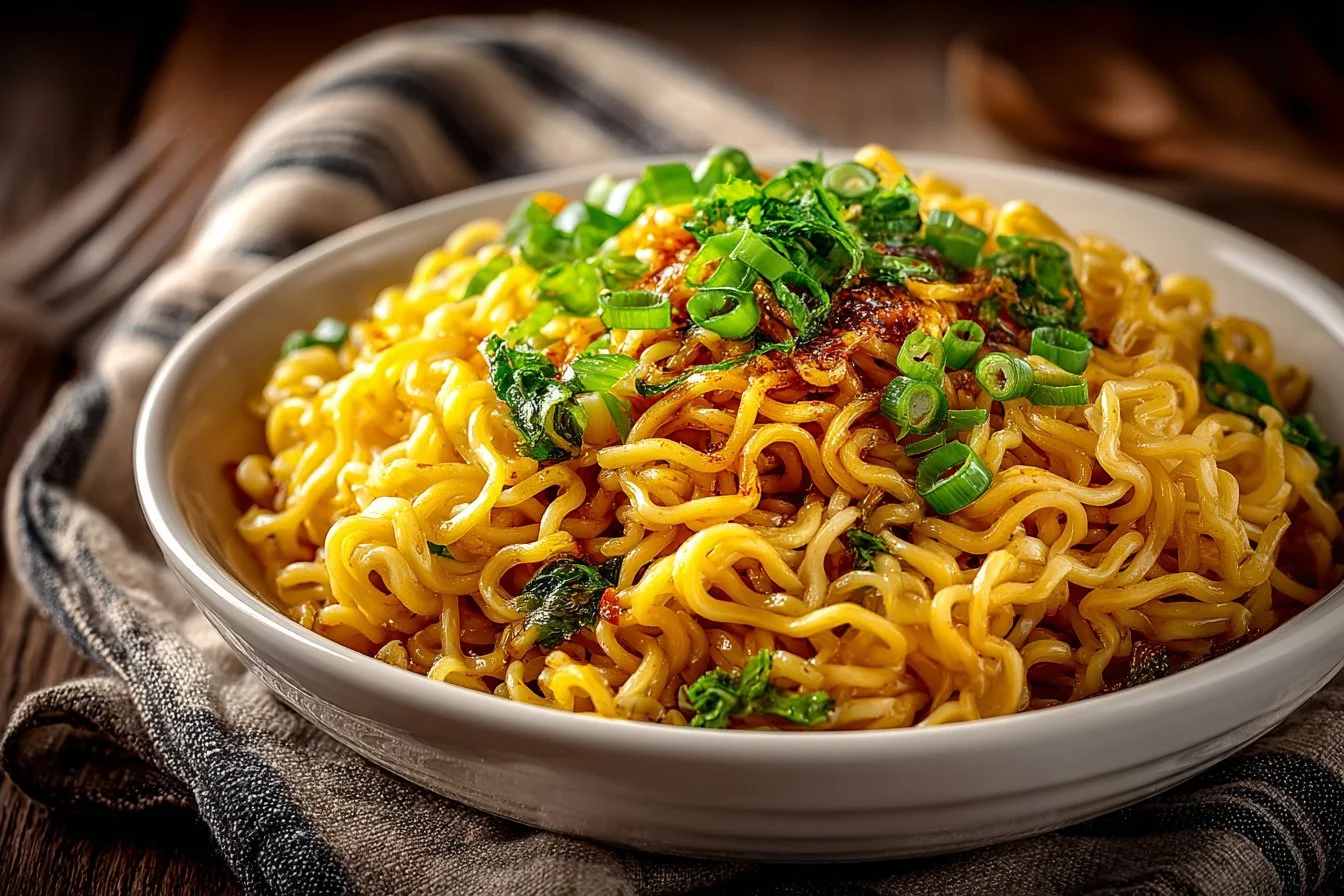 Bowl of sesame garlic ramen noodles garnished with green onions and sesame seeds.