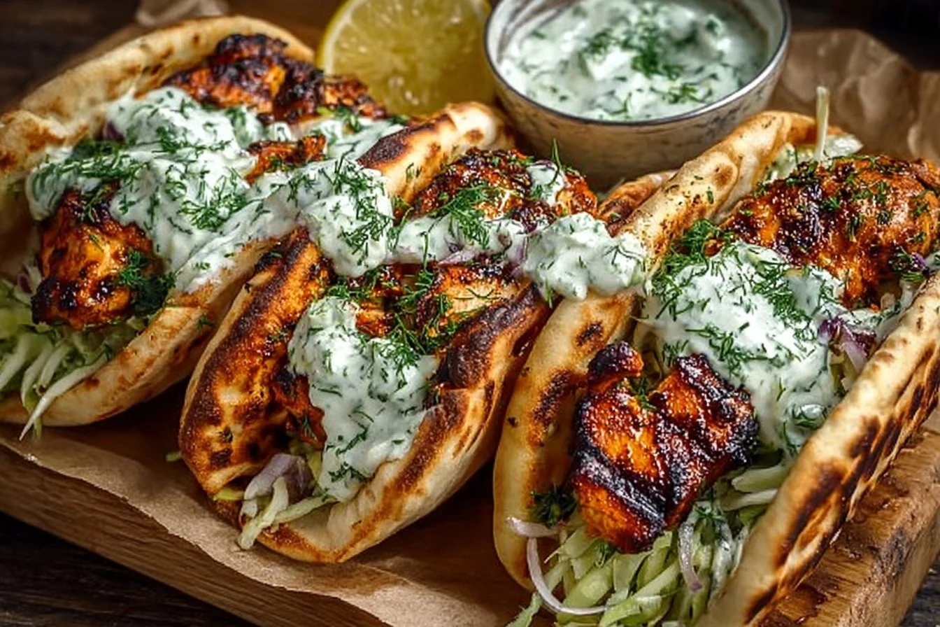 Sheet pan chicken pitas with herby ranch served on a plate