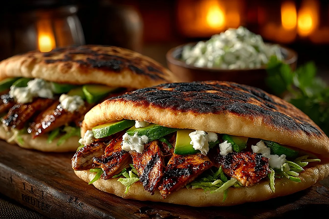 Sheet pan chicken pitas with herby ranch slaw served on a plate