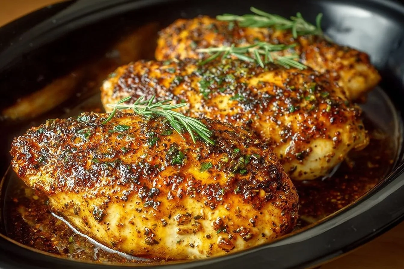 Slow cooker chicken breasts served with vegetables in a dish