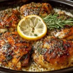Slow Cooker Lemon Herb Chicken served with fresh herbs and lemon slices