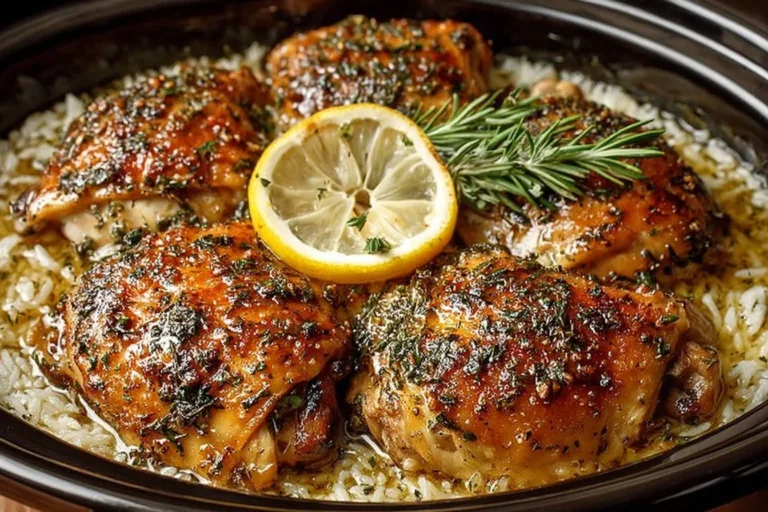 Slow Cooker Lemon Herb Chicken served with fresh herbs and lemon slices