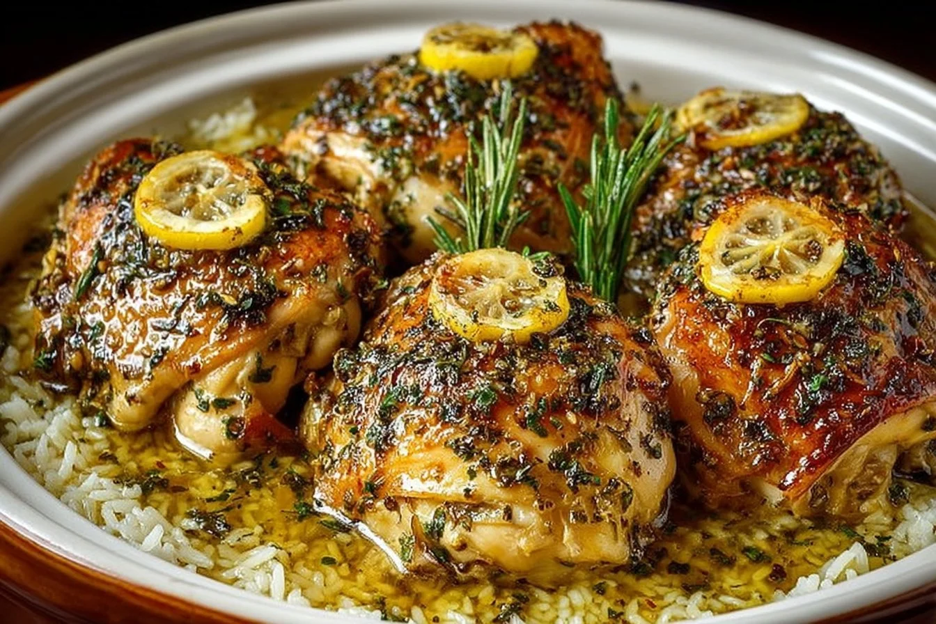 Delicious slow cooker lemon herb chicken garnished with fresh herbs