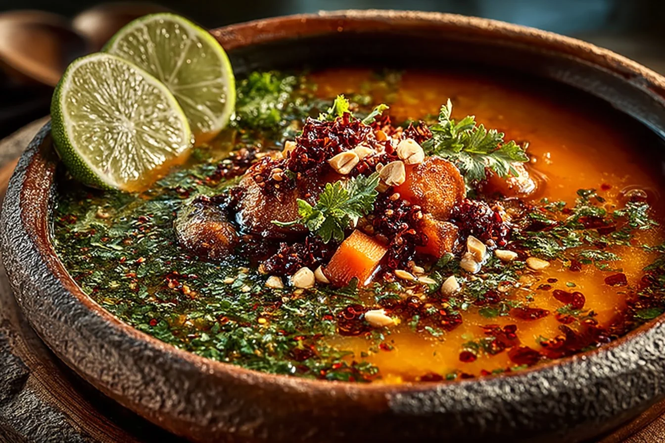 Bowl of Slow Cooker Thai Chicken Soup garnished with fresh herbs