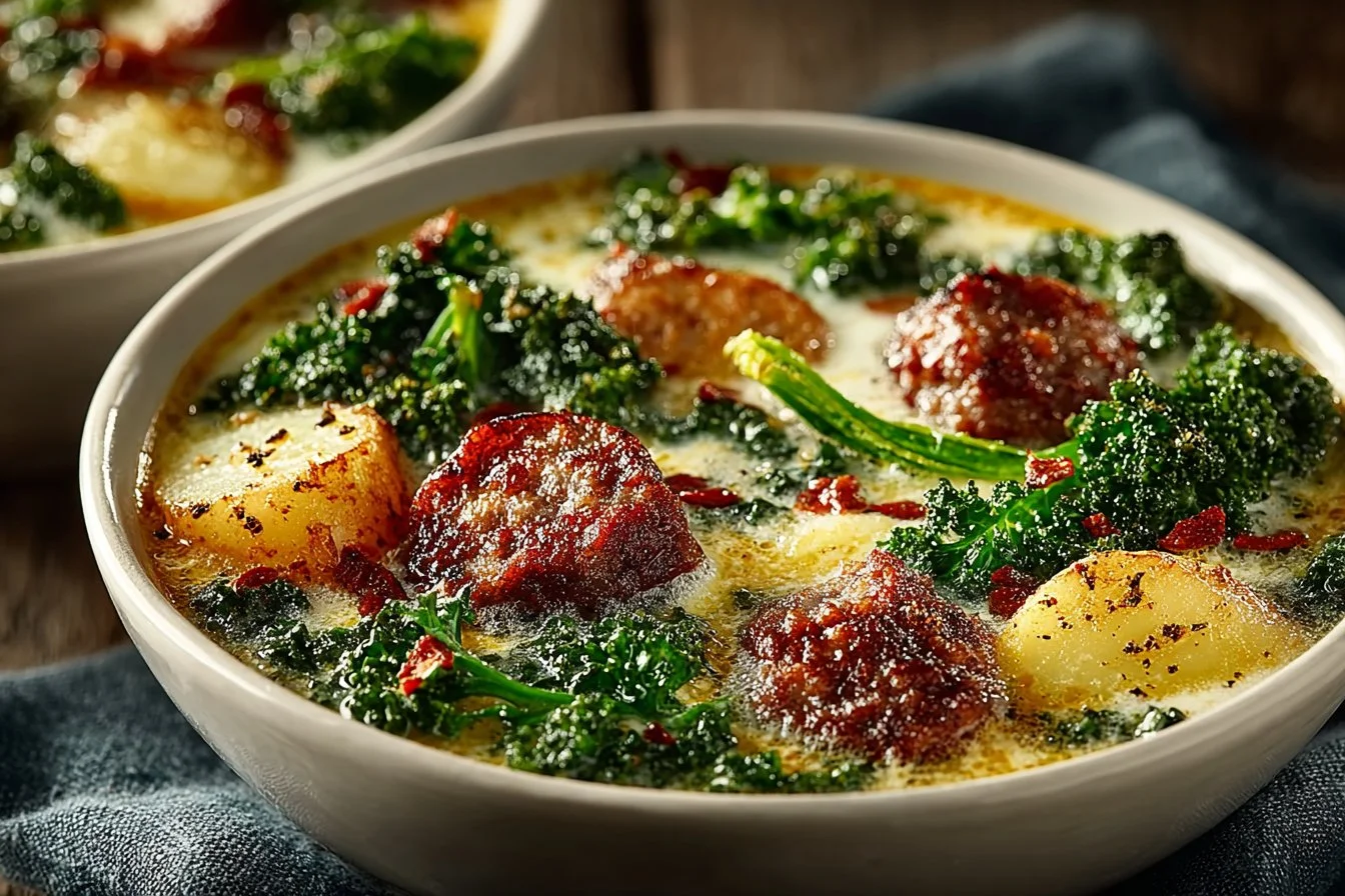 Bowl of Slow Cooker Tuscan Soup garnished with fresh herbs and bread.
